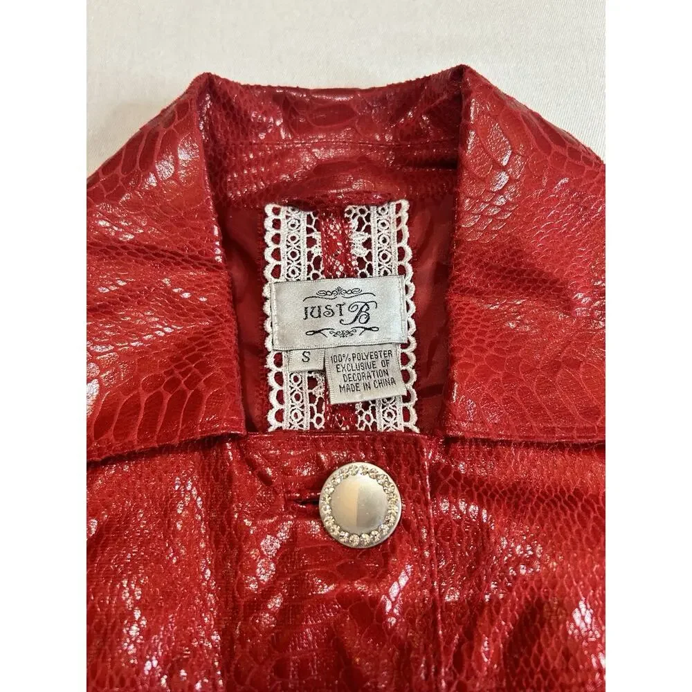 Just B Shiny‎ Red Metallic Jacket w/Decorative Buttons Small Snakeskin Print